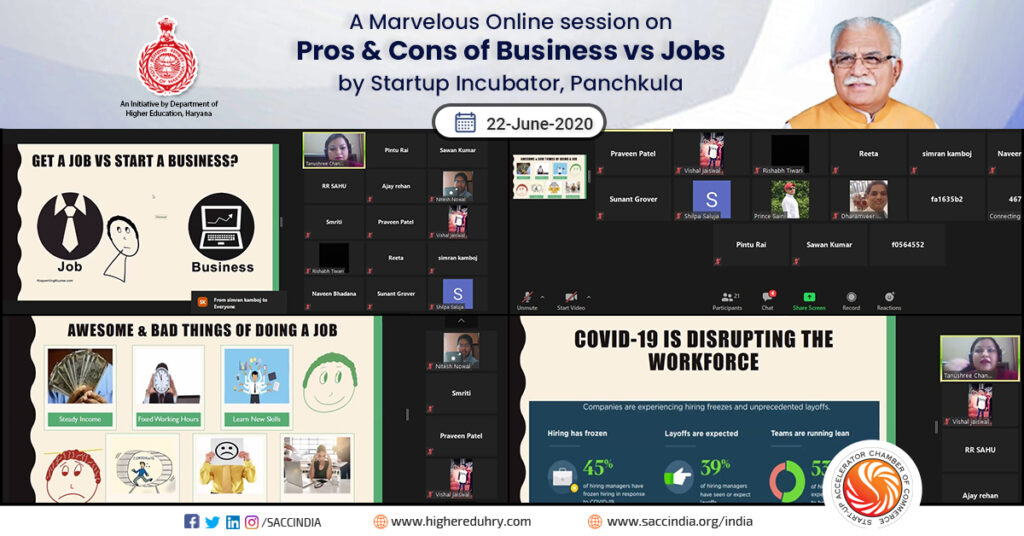 A Marvelous Online Session on Pros & Cons of Business vs Jobs by Startup Incubator, Panchkula