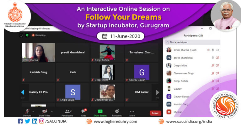 An Interactive Online Session on Follow Your Dreams by Startup Incubator, Gurugram