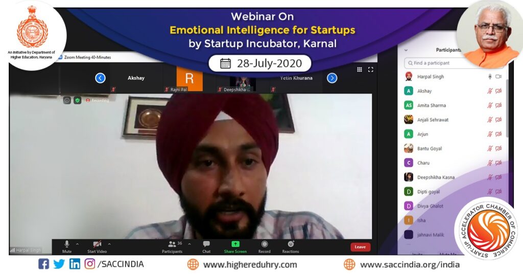 Webinar on Emotional Intelligence for Startup by Startup Incubator, Karnal