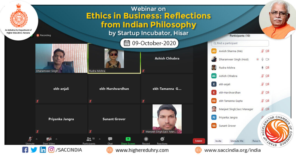Webinar on Ethics in Business- Reflections from Indian philosophy by Startup Incubator, Hisar