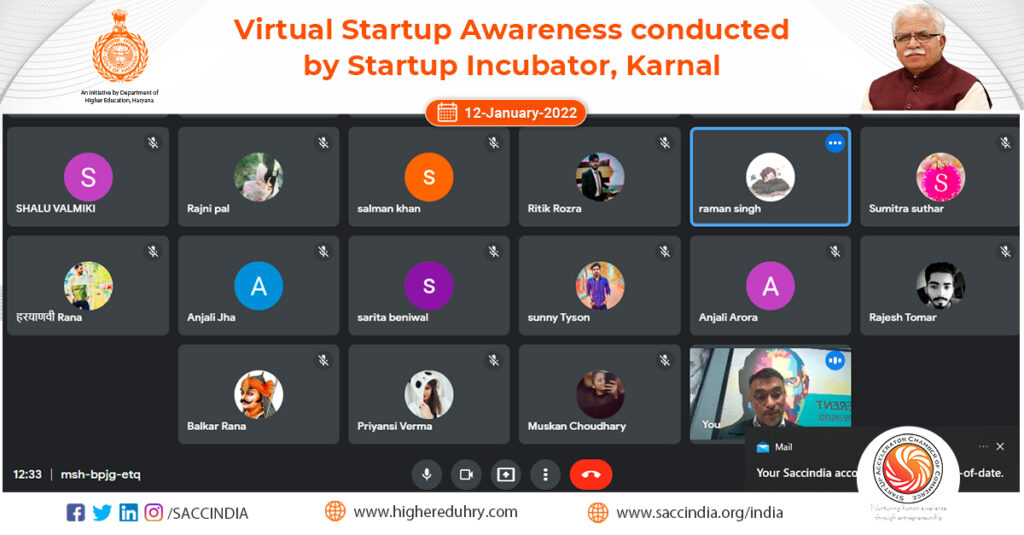 Virtual Startup Awareness Session Conducted by Startup Incubator, Karnal