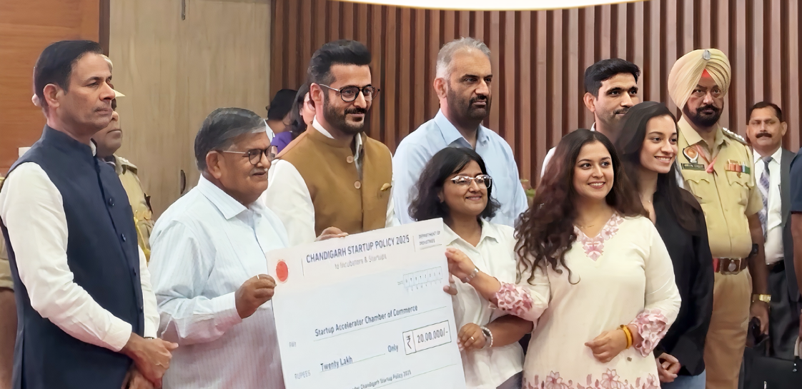SACC India team receiving a Chandigarh Startup Scheme grant cheque from Chandigarh Administration officials